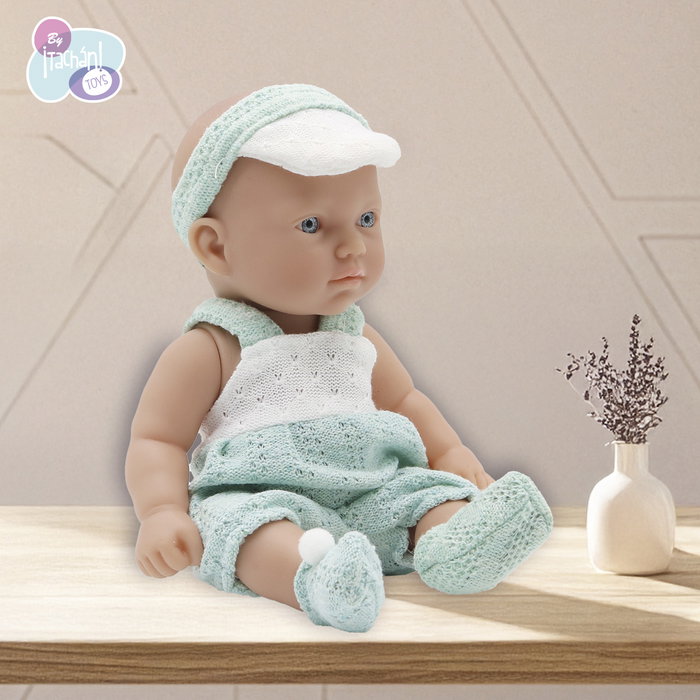 Tachan - Poupée 26 cm avec ensemble pantalon vert menta et diadème casquette - T01062 - Jouet éducatif pour enfant +18 mois