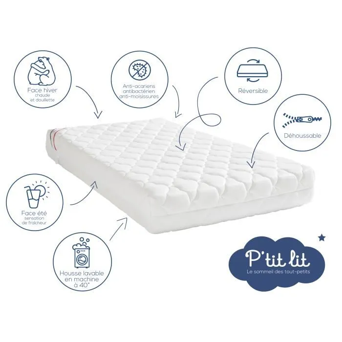 P'Tit Lit Matelas Bébé Parfait - 60x120x10 cm - 2 Faces Été/Hiver Déhoussable - Anti-Acarien - Ultra Respirant pour Sommeil Frais et Serein P'Tit Lit Matelas Bébé Parfait - 60x120x10 cm - 2 Faces Été/Hiver Déhoussable - Anti-Acarien - Ultra Respirant pour Sommeil Frais et Serein
