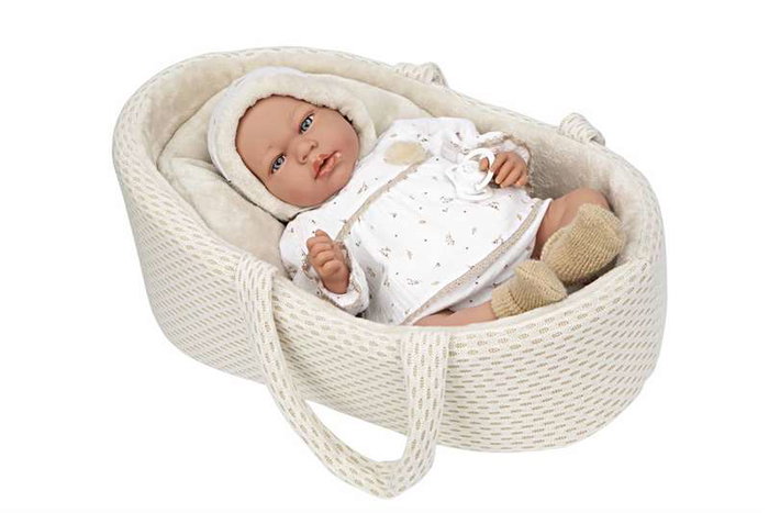 Muñecas Arias Muñeca Elegance Andie 40 cm, Poupée Bébé Beige avec Berceau et Mécanisme Pleurs Try Me, Fonctionne avec Piles