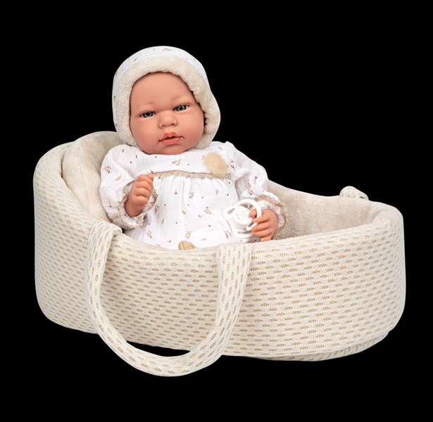 Muñecas Arias Muñeca Elegance Andie 40 cm, Poupée Bébé Beige avec Berceau et Mécanisme Pleurs Try Me, Fonctionne avec Piles