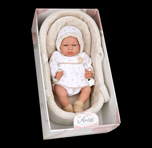 Muñecas Arias Muñeca Elegance Andie 40 cm, Poupée Bébé Beige avec Berceau et Mécanisme Pleurs Try Me, Fonctionne avec Piles