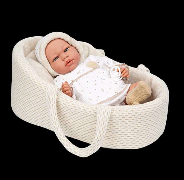 Muñecas Arias Muñeca Elegance Andie 40 cm, Poupée Bébé Beige avec Berceau et Mécanisme Pleurs Try Me, Fonctionne avec Piles
