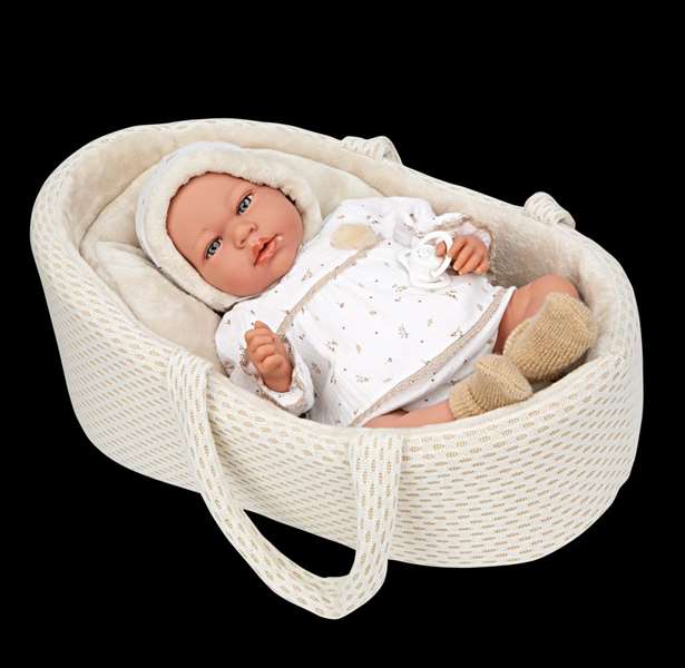 Muñecas Arias Muñeca Elegance Andie 40 cm, Poupée Bébé Beige avec Berceau et Mécanisme Pleurs Try Me, Fonctionne avec Piles