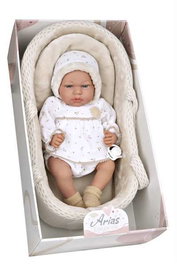 Muñecas Arias Muñeca Elegance Andie 40 cm, Poupée Bébé Beige avec Berceau et Mécanisme Pleurs Try Me, Fonctionne avec Piles