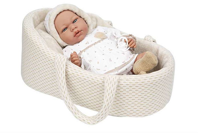Muñecas Arias Muñeca Elegance Andie 40 cm, Poupée Bébé Beige avec Berceau et Mécanisme Pleurs Try Me, Fonctionne avec Piles