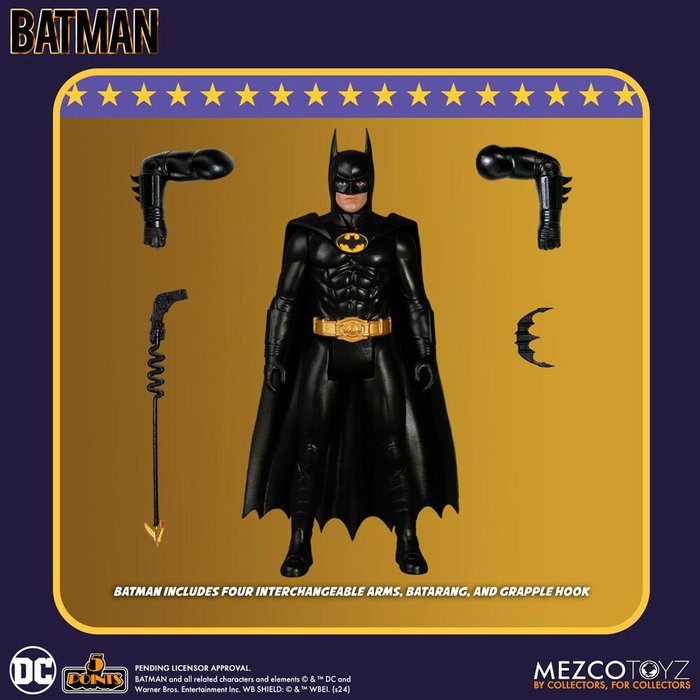 MEZCO TOYZ - Figure Batman 1989 DC Comics - 9,5 cm - Figurine articulée avec bras supplémentaires, batarang et grappin