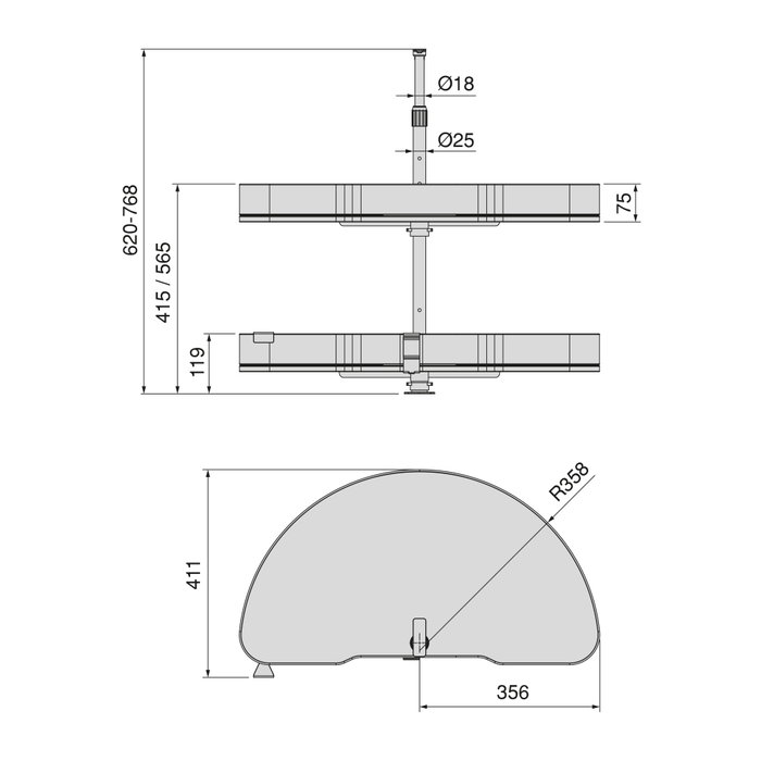 Emuca Jeu de plateaux tournants Harmony 1/2 lune, Module 800mm, Gris anthracite