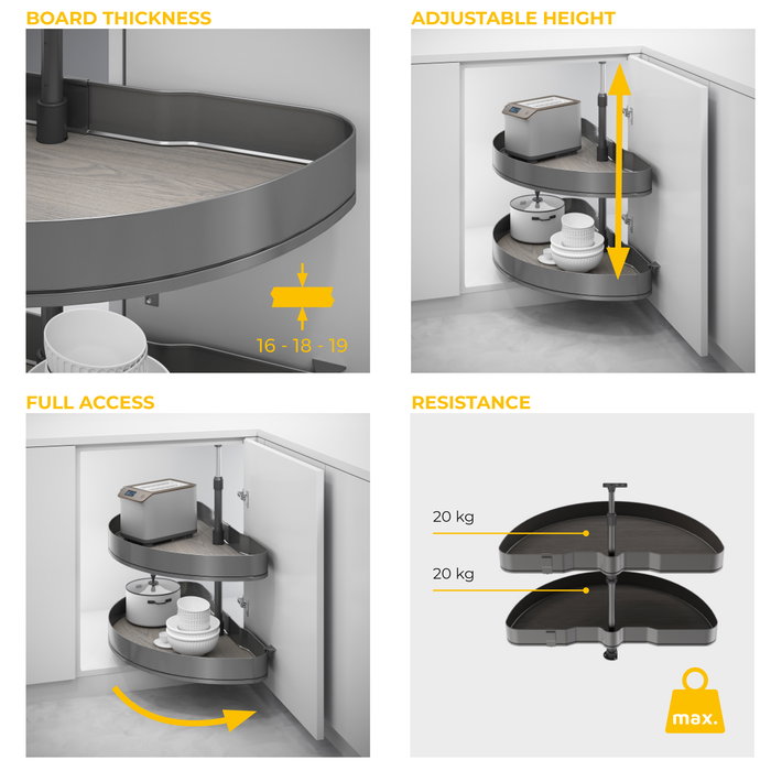 Emuca Jeu de plateaux tournants Harmony 1/2 lune, Module largeur 800mm, Hauteur réglable, Acier et Bois, Gris anthracite Emuca Jeu de plateaux tournants Harmony 1/2 lune, Module largeur 800mm, Hauteur réglable, Acier et Bois, Gris anthracite
