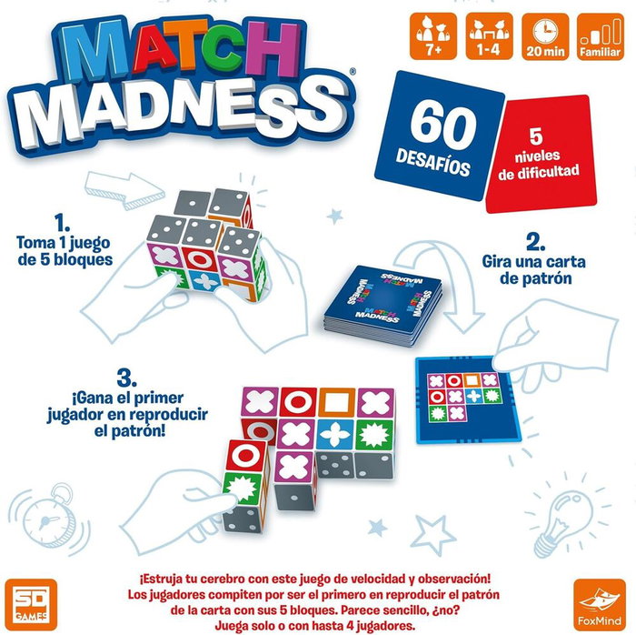 SD GAMES Jeu de société Match Madness - Version espagnole - Jeu de cartes et de réflexion - De 7 ans et plus - 1 à 4 joueurs - Durée de partie 20 minutes SD GAMES Jeu de société Match Madness - Version espagnole - Jeu de cartes et de réflexion - De 7 ans et plus - 1 à 4 joueurs - Durée de partie 20 minutes