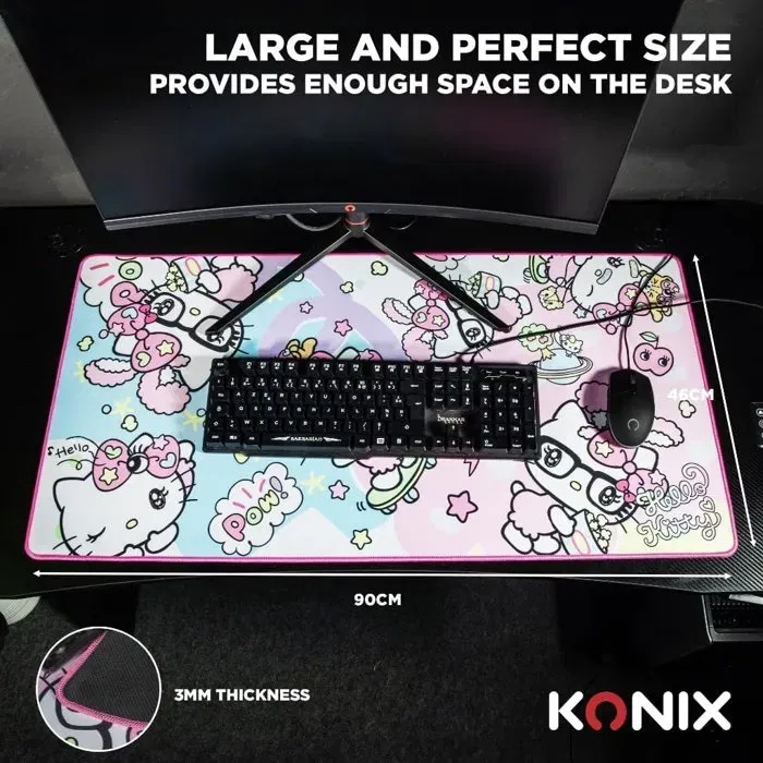 Konix Tapis de souris gaming XXL Hello Kitty 90 x 46 cm Microfibre antidérapante Revers caoutchouc pour bureau