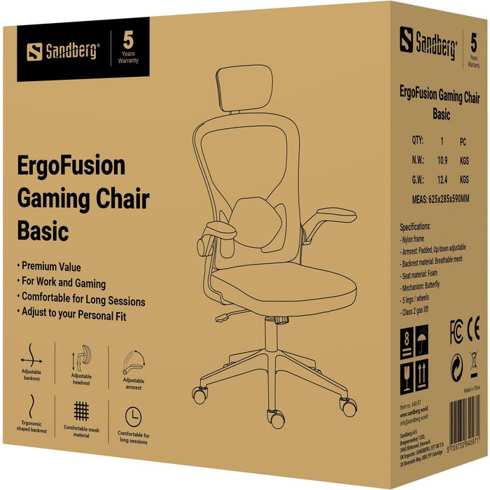 Sandberg Fauteuil de Bureau et Gaming ErgoFusion Basic - Dossier Ergonomique en Maille Respirante avec Soutien Lombaire et Accoudoirs Réglables, Appui-Tête et Inclinaison Ajustables