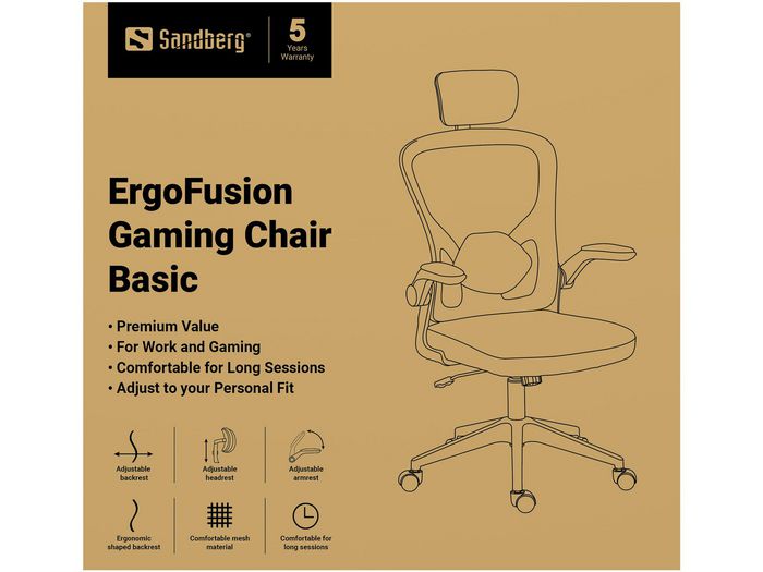 Sandberg Fauteuil de Bureau et Gaming ErgoFusion Basic - Dossier Ergonomique en Maille Respirante avec Soutien Lombaire et Accoudoirs Réglables, Appui-Tête et Inclinaison Ajustables
