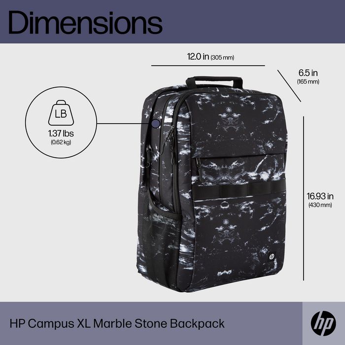 HP Sac à dos Campus XL imprimé marbre, sécurisé avec compartiment pour ordinateur portable 16 pouces, imperméable