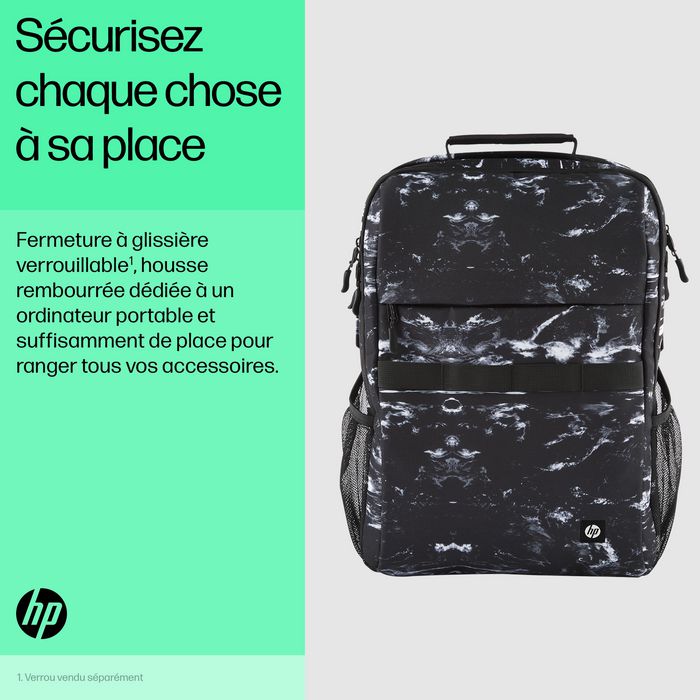 HP Sac à dos Campus XL imprimé marbre, sécurisé avec compartiment pour ordinateur portable 16 pouces, imperméable