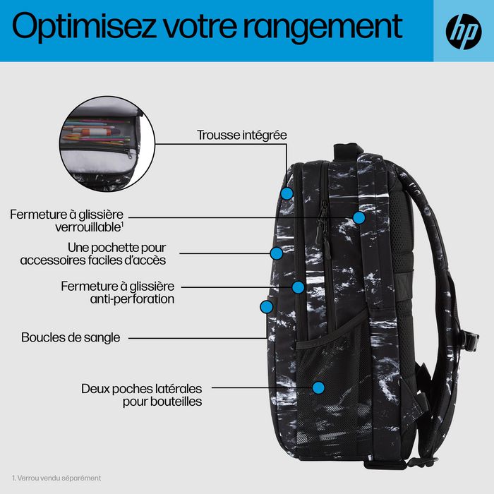 HP Sac à dos Campus XL imprimé marbre, sécurisé avec compartiment pour ordinateur portable 16 pouces, imperméable