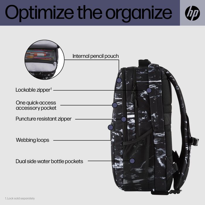 HP Sac à dos Campus XL imprimé marbre, sécurisé avec compartiment pour ordinateur portable 16 pouces, imperméable