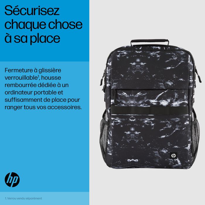 HP Sac à dos Campus XL imprimé marbre, sécurisé avec compartiment pour ordinateur portable 16 pouces, imperméable
