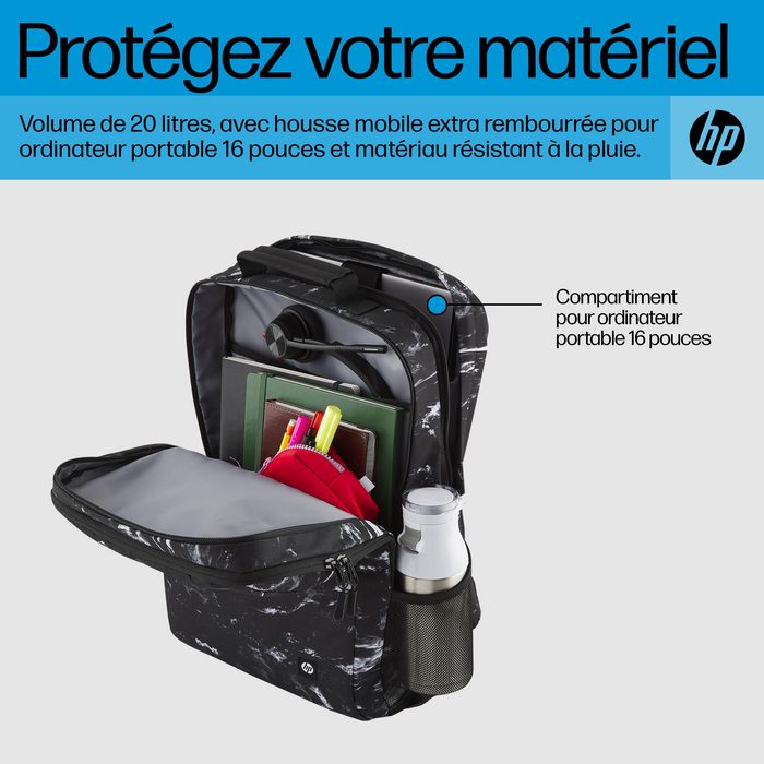 HP Sac à dos Campus XL imprimé marbre, sécurisé avec compartiment pour ordinateur portable 16 pouces, imperméable