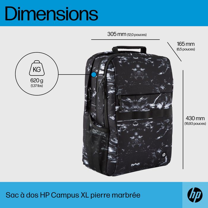 HP Sac à dos Campus XL imprimé marbre, sécurisé avec compartiment pour ordinateur portable 16 pouces, imperméable
