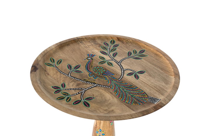 GINER Y COLOMER Table d'appoint ronde en bois de manguier avec détails peints à la main - Dessus floral artisanal, base tournée - Hauteur 57 cm