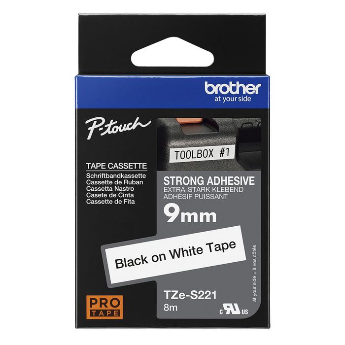Brother TZe-S221 - Ruban pour étiqueteuse noir sur blanc, 9 mm de large, cassette originale haute qualité, résistant aux intempéries Brother TZe-S221 - Ruban pour étiqueteuse noir sur blanc, 9 mm de large, cassette originale haute qualité, résistant aux intempéries
