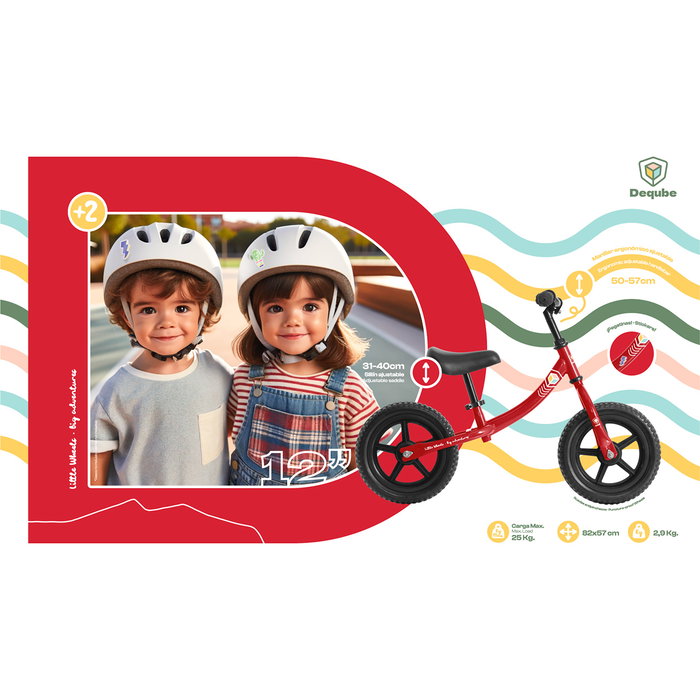 Deqube Vélo d'Équilibre pour Enfant Dès 2 Ans - Modèle D00304 Rouge, Léger 3 kg, Guidon et Selle Ajustables, Roues Anti-Crevaison