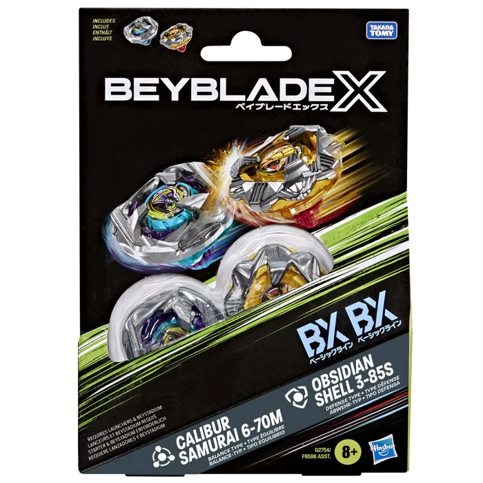 Beyblade X Dual Pack Calibur Samurai 6-70M BX et Obsidian Shell 3-85S BX, 2 toupies à rotation droite Beyblade X Dual Pack Calibur Samurai 6-70M BX et Obsidian Shell 3-85S BX, 2 toupies à rotation droite