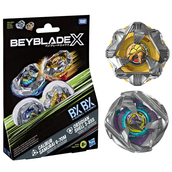 Beyblade X Dual Pack Calibur Samurai 6-70M BX et Obsidian Shell 3-85S BX, 2 toupies à rotation droite Beyblade X Dual Pack Calibur Samurai 6-70M BX et Obsidian Shell 3-85S BX, 2 toupies à rotation droite