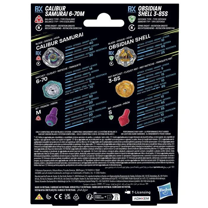 Beyblade X Dual Pack Calibur Samurai 6-70M BX et Obsidian Shell 3-85S BX, 2 toupies à rotation droite Beyblade X Dual Pack Calibur Samurai 6-70M BX et Obsidian Shell 3-85S BX, 2 toupies à rotation droite