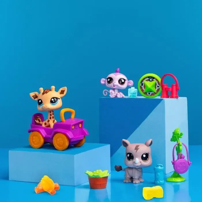 Bandai BF00524 - Littlest Pet Shop - Pack Safari Génération 7 avec 3 animaux et accessoires à tête qui bouge, pour enfants dès 4 ans
