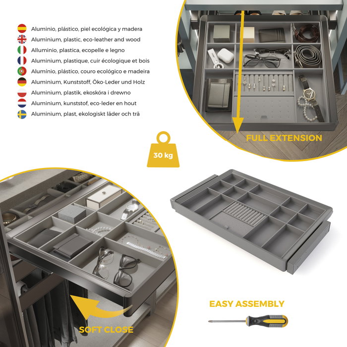 Emuca Kit tiroir organisateur et rack ajustable Quartz pour armoires, glissières extension totale et à fermeture douce, Module 80cm, Finition Titane