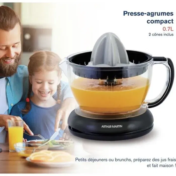 Arthur Martin AMPA07 Presse-agrumes électrique 40W - Réservoir 0,7L transparent gradué avec 2 cônes et bec verseur - Design compact et lave-vaisselle