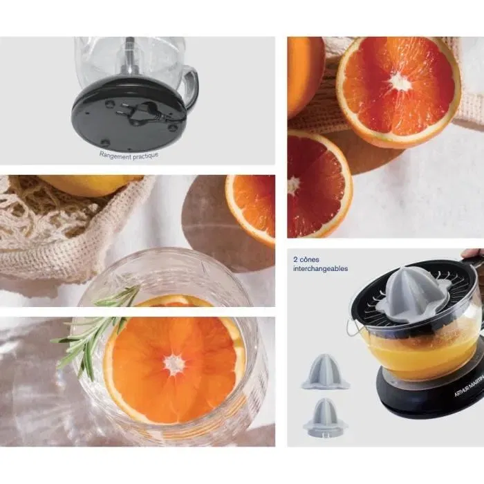 Arthur Martin AMPA07 Presse-agrumes électrique 40W - Réservoir 0,7L transparent gradué avec 2 cônes et bec verseur - Design compact et lave-vaisselle