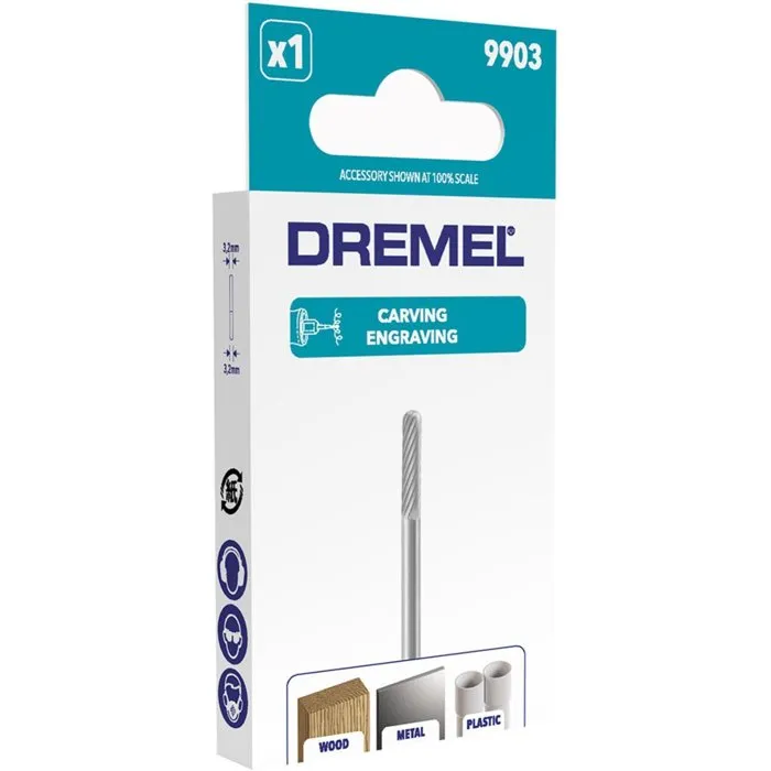 Dremel 9903 Fraise en carbure de tungstène, Diamètre 3.2 mm, Bout cône, pour sculpter et graver bois et métal