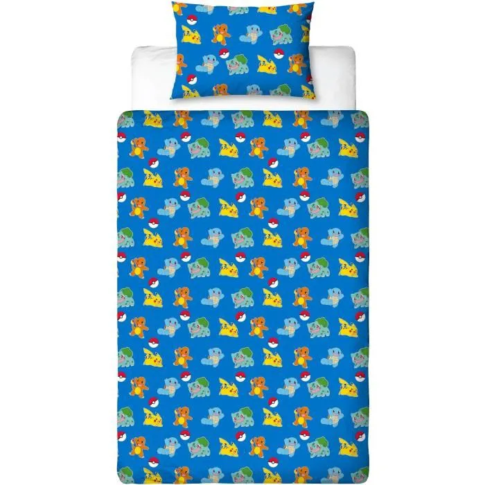 Pokemon - Parure de lit Pikachu et Starter 1G V en microfibre - Housse de couette 140x200 cm + Taie 63x63 cm