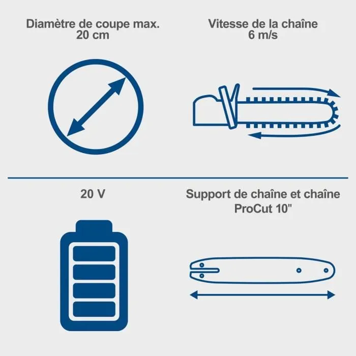 Scheppach Tronçonneuse sans fil électrique 20V IXES C-CS254-X - Guide-chaîne de 10" (25.4 cm) - Longueur de coupe 20 cm - Vitesse 6 m/s - sans batterie/chargeur