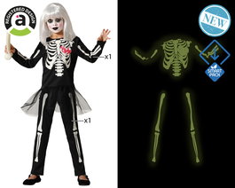 Déguisement squelette brillant pour fille - Falda, T-shirt et pantalon noir pour Halloween, fêtes, spectacles scolaires (âge 10-12 ans, thème Halloween, polyester)