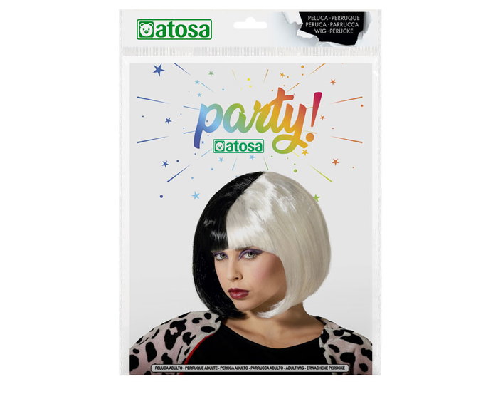 Perruque Courte Bicolore Blanc et Noir 120 g - Perruque Bob pour Déguisement ou Look Gothique