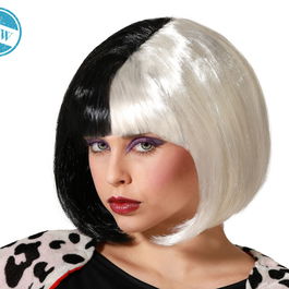 Perruque Courte Bicolore Blanc et Noir 120 g - Perruque Bob pour Déguisement ou Look Gothique