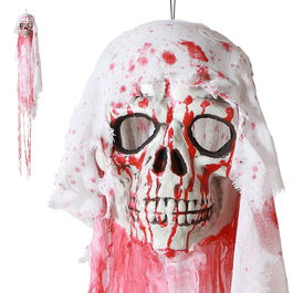 Deco Halloween Calavera Colgante Manchada de Sangre avec Gaze Blanche 180 cm - Tête de Mort Grand Format Effrayante pour Décoration Porte ou Arbre