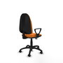 Chaise de bureau Algarra avec mécanisme de contact permanent de base, revêtue de similicuir orange. Équipée d'un piètement en polyamide noir, d'accoudoirs fixes et de roulettes pour parquet