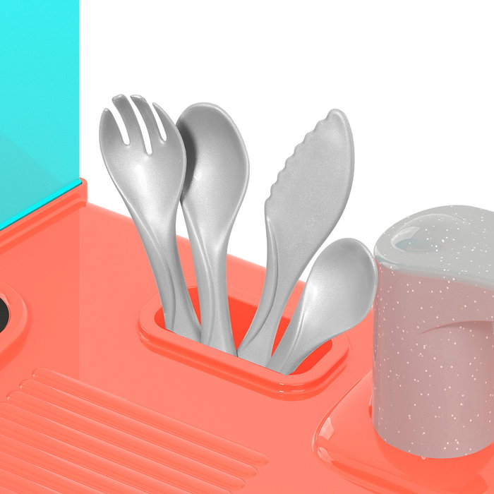 MOLTO Cuisine avec plancha bleue 25156 avec four, hotte, lave-vaisselle et 12 accessoires - Jeu d'imitation pour enfant à partir de 3 ans - Langues : anglais et espagnol