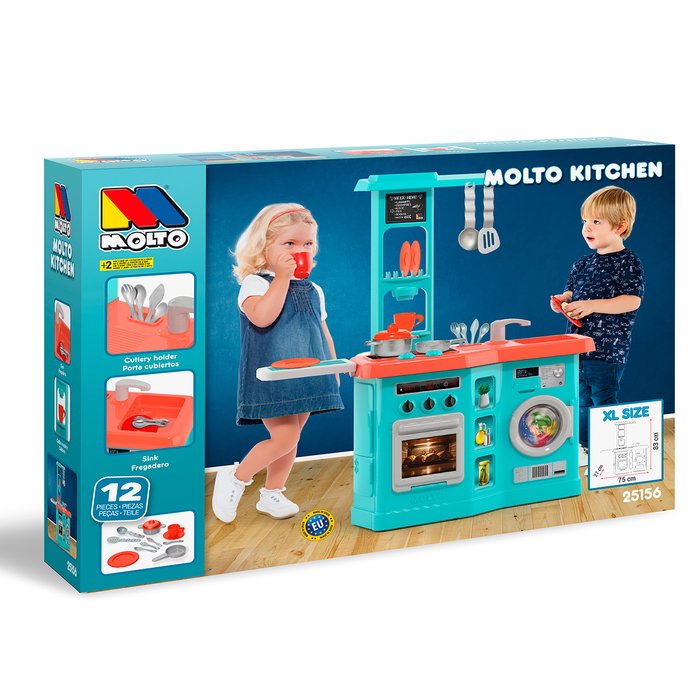 MOLTO Cuisine avec plancha bleue 25156 avec four, hotte, lave-vaisselle et 12 accessoires - Jeu d'imitation pour enfant à partir de 3 ans - Langues : anglais et espagnol