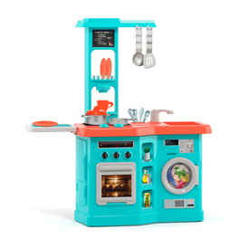 MOLTO Cuisine avec plancha bleue 25156 avec four, hotte, lave-vaisselle et 12 accessoires - Jeu d'imitation pour enfant à partir de 3 ans - Langues : anglais et espagnol