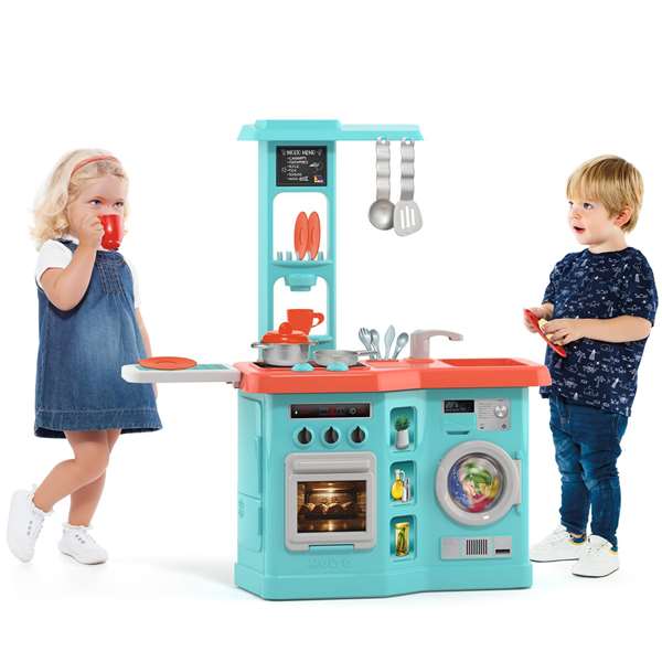MOLTO Cuisine avec plancha bleue 25156 avec four, hotte, lave-vaisselle et 12 accessoires - Jeu d'imitation pour enfant à partir de 3 ans - Langues : anglais et espagnol