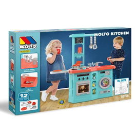 MOLTO Cuisine avec plancha bleue 25156 avec four, hotte, lave-vaisselle et 12 accessoires - Jeu d'imitation pour enfant à partir de 3 ans - Langues : anglais et espagnol