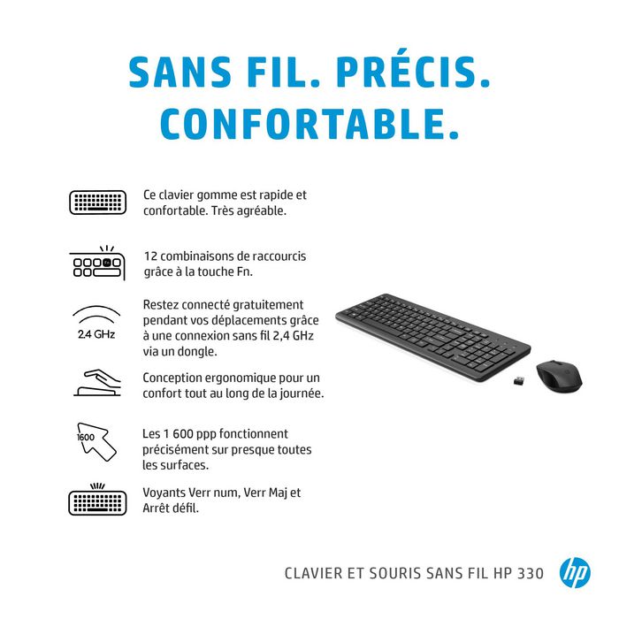HP 330 Ensemble Clavier et Souris Sans Fil - Clavier International Ergonomique avec Souris Optique 1600 DPI