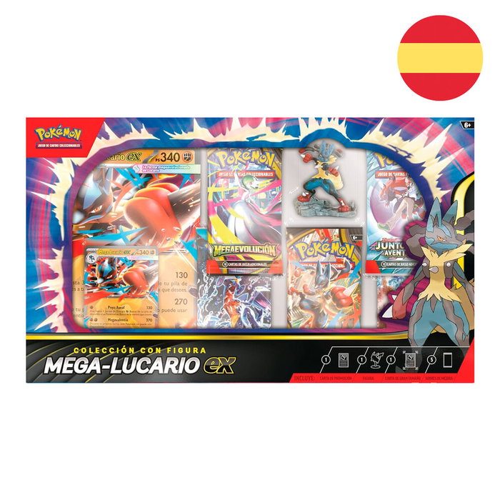 POKEMON JEU DE CARTES - Blister Mega Lucario EX - 5 paquets TCG + carte promo + figurine + carte géante + code JCC Pokemon Live - Version espagnol POKEMON JEU DE CARTES - Blister Mega Lucario EX - 5 paquets TCG + carte promo + figurine + carte géante + code JCC Pokemon Live - Version espagnol