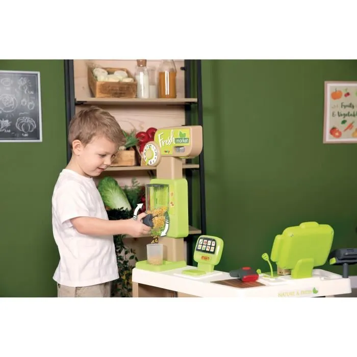 Smoby - Fresh Market - Marchande jouet représentant un magasin bio avec caisse, fruits, légumes, balance mécanique et distributeur vrac - Jeu d'imitation dès 3 ans
