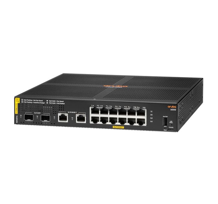Hewlett Packard Enterprise Commutateur réseau Aruba CX 6000 12 ports Gigabit PoE+ avec 2 ports SFP, 139 W, pour PME et filiales